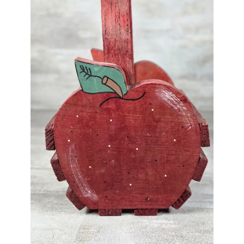 VTG hand-painted Red Wooden apple shaped basket carry handle Cottagecore Rustic